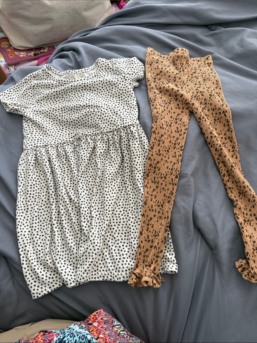 Mud Pie Mustard Ribbed Leggings with Black Dot Print and Ruffle Hem